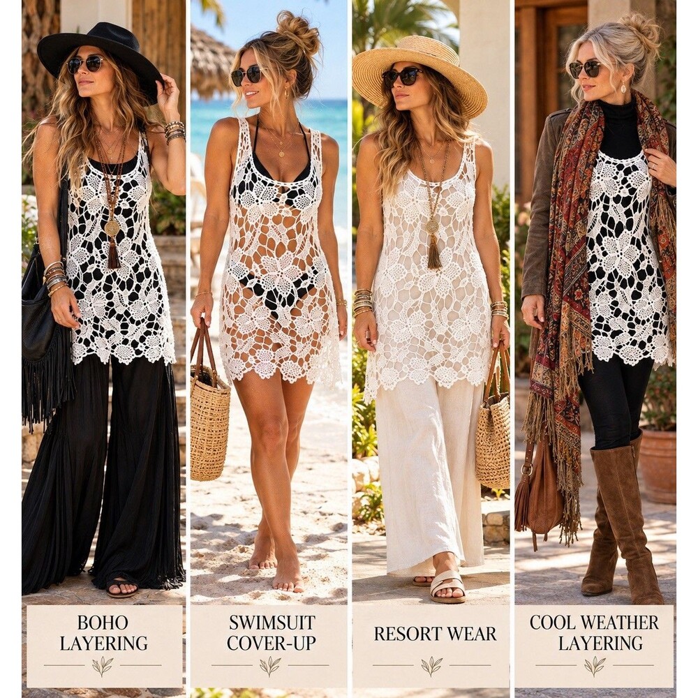 Missa Ivory Crochet Lace Tunic/ Mini Dress Cover Up Size L Boho Layering Cute!
